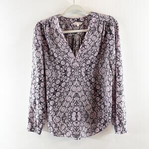Rebecca Taylor Long Sleeve Printed V Neck Silk Blouse Top Pink Blue 4
